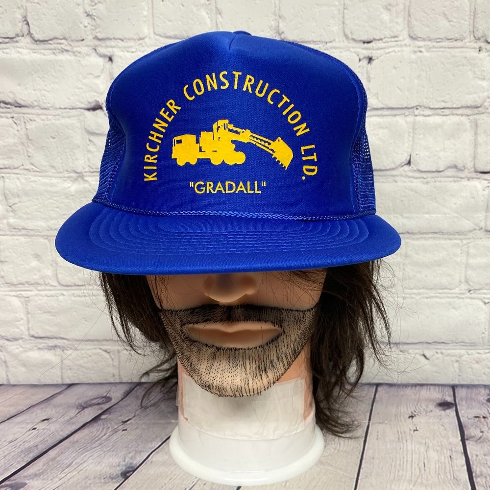 Vintage Hat Cap Snapback Blue Kirchner Construction GRADALL Trucker Mesh Rope